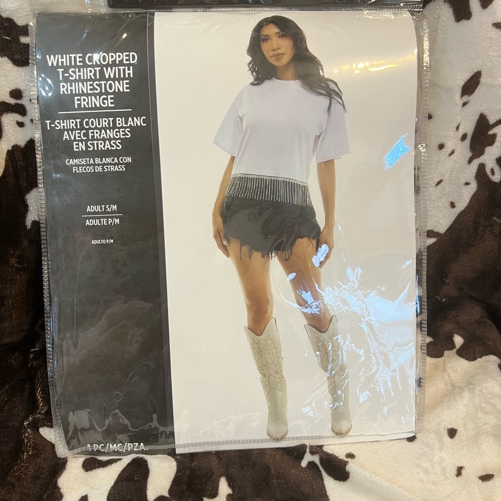 White Cropped T-Shirt with Rhinestone Fringe